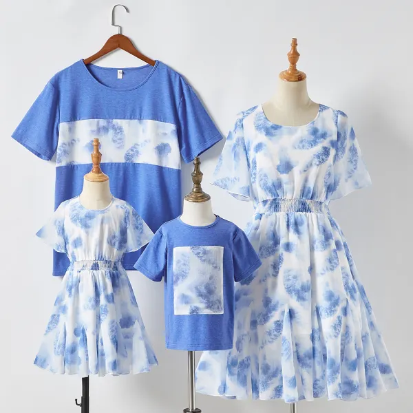 Fashion Blue Tie Dye Short Sleeved Family Matching Outfits - Popopiearab.com 