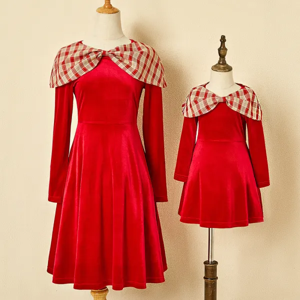 Plaid Style Shawl Red Velvet Mom Girl Matching Dress - Popopiearab.com 