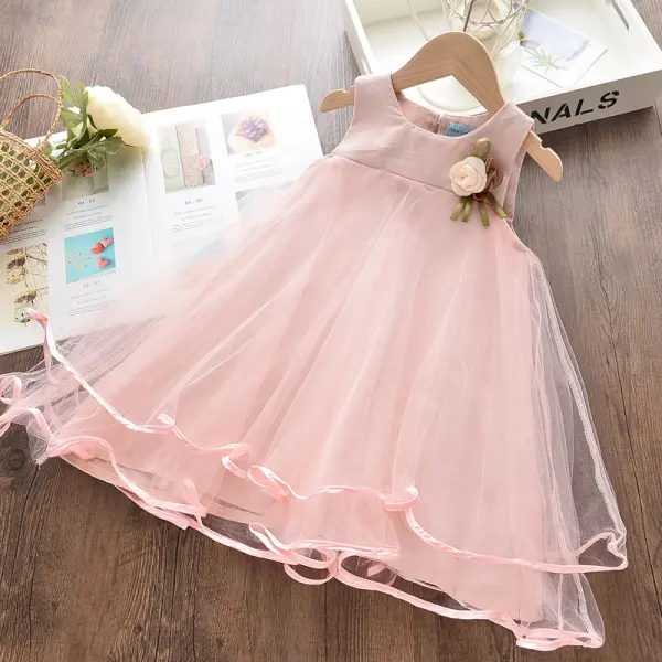 【2Y-9Y】Girls Sweet Mesh Applique Sleeveless Dress - Popopiearab.com 