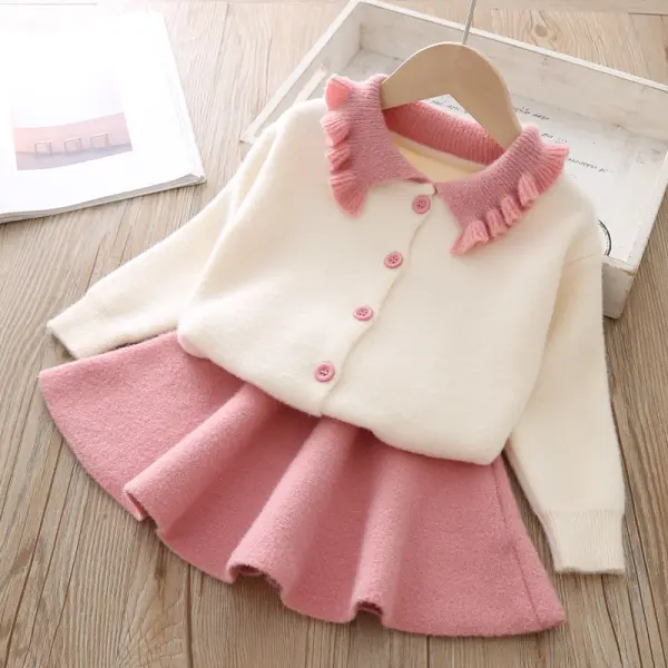 【18M-7Y】Girls Lapel Long Sleeve Sweater Short Skirt Suit - Popopiearab.com 