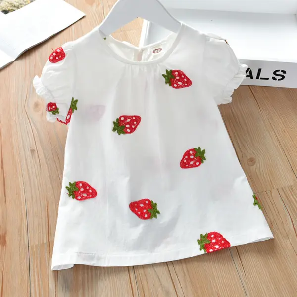 【18M-9Y】Girls Cute Sweet Strawberry Embroidered Short Sleeve Top - Popopiearab.com 