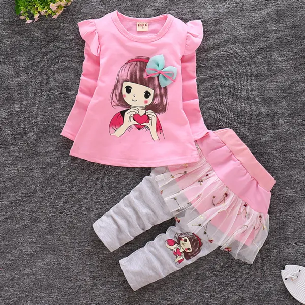 【12M-4Y】Girls Sweet Cartoon Print Round Neck T-Shirt Set - Popopiearab.com 