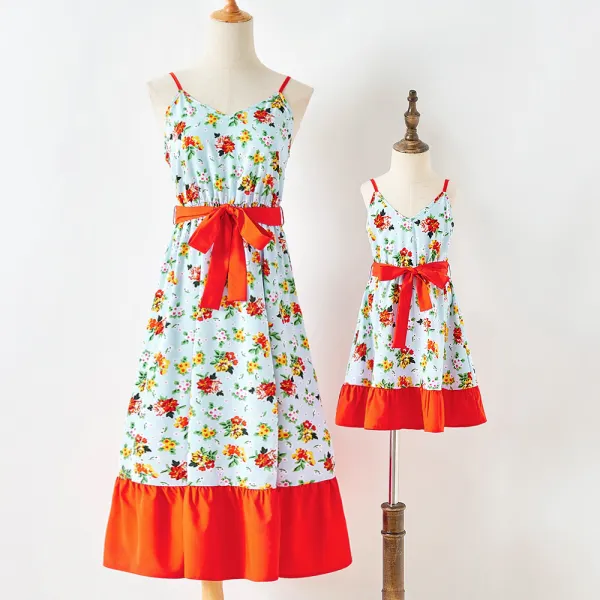 Sweet Flower Print Sling Mom Girl Matching Dress - Popopiearab.com 