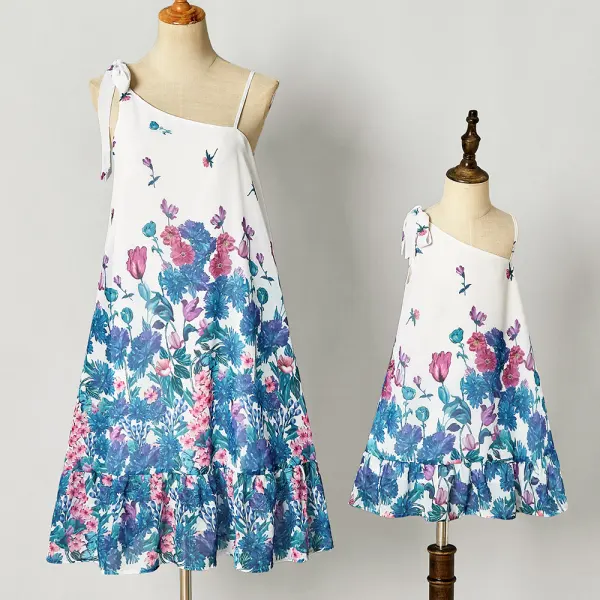 Sweet Flower Chiffon Off The Shoulder Mom Girl Matching Dress - Popopiestyle.com 