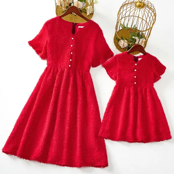 Sweet Red Jacquard Chiffon Short Sleeve Mom Girl Matching Dress - Popopiestyle.com 