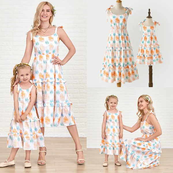 Sweet Orange Plant Print Sling Mom Girl Matching Dress - Popopiearab.com 