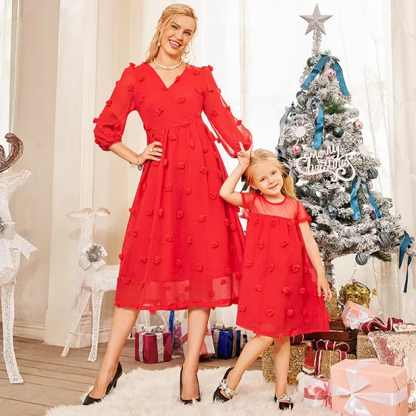 Sweet Red Chiffon Jacquard Short Sleeve Mom Girl Matching Dress Only $42.60 - Lukalula.com 