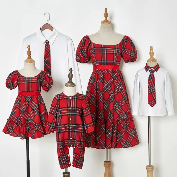 Casual Red Plaid Family Matching Outfits - Popopiearab.com 