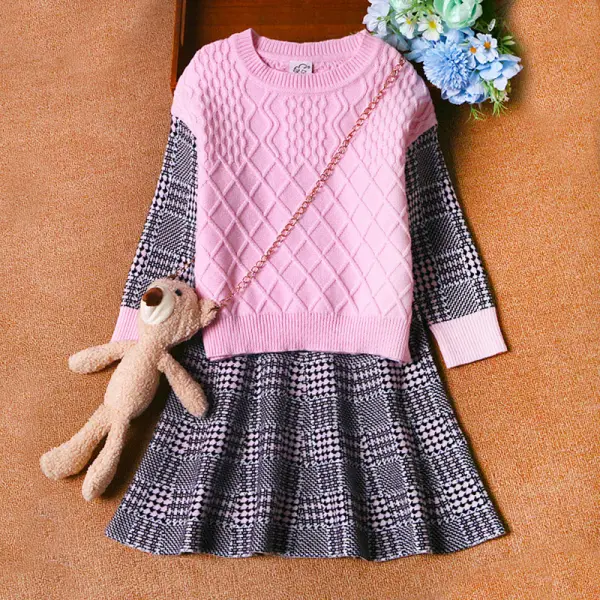 【3Y-11Y】Girl 3-piece Plaid Jacquard Splicing Sweater And Skirt Set With Bear - Popopiearab.com 