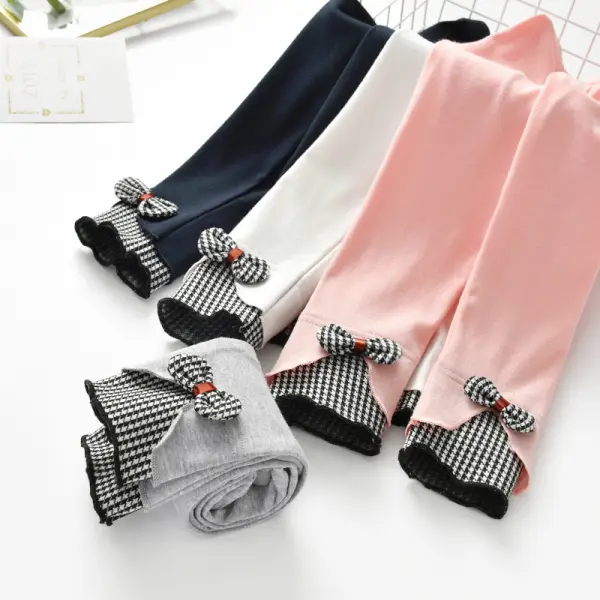 【18M-9Y】 Girls Cotton Plaid Splicing Bowknot Leggings - Popopieshop.com 