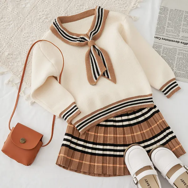 【12M-9Y】Girl Sweet Striped Sweater And Skirt Set - Popopiearab.com 