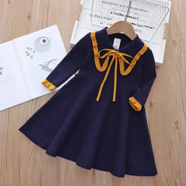 【3Y-13Y】Girls Sweet Ruffle Peter Pan Collar Long Sleeve Sweater Dress - Popopiearab.com 