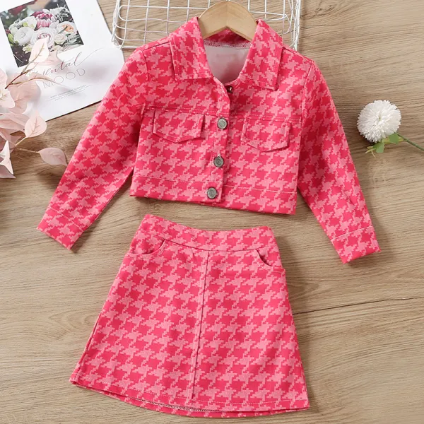 【18M-7Y】Girl Sweet Pink Houndstooth Pattern Jacket Skirt Set - 34186 Only $8.99 - Popopieshop.com 