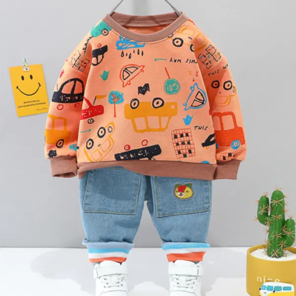【12M-4Y】Boys Casual Car Pattern Sweatshirt Jeans Set -004 - Popopieshop.com 