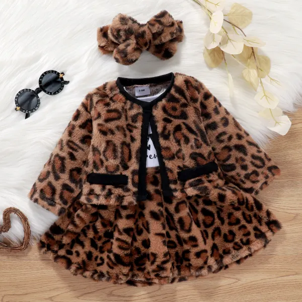 【3M-7Y】Girls Leopard Print Stitching Dress Leopard Print Coat And Headband Three-piece Set - Popopiearab.com 