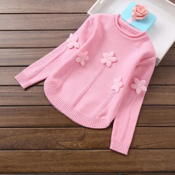 【2Y-7Y】Girls Fleece Padded Flower-decorated Long-sleeved Knitted Sweater - Popopiearab.com 