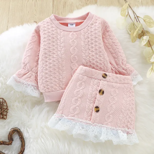 【3M-3Y】Girls Knitted Lace Stitching Long-sleeved Top And Short Skirt Two-piece Suit - Popopiearab.com 