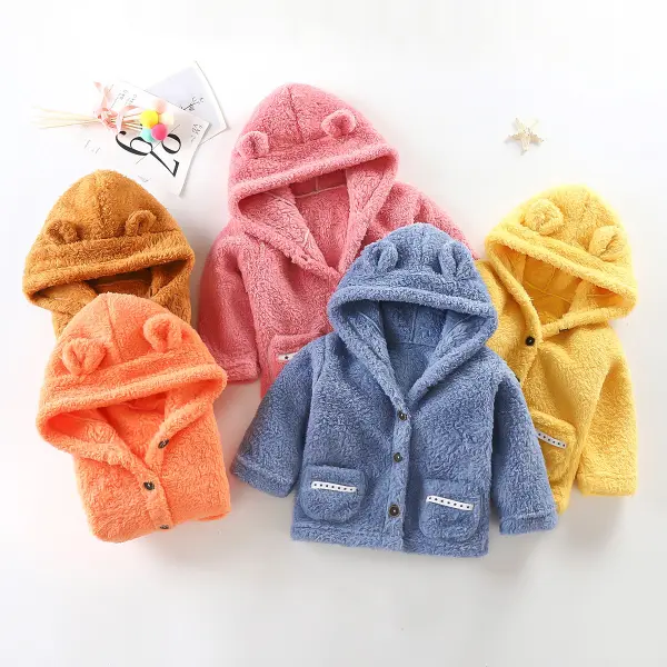 【12M-11Y】 Kids Cute Ear Add Velvet To Keep Warm Fuzzy Sweater Coat - Popopiearab.com 