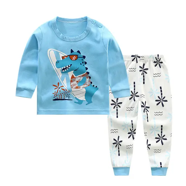 【9M-7Y】Boys Cartoon Print Cotton Long Sleeve Tee And Pants Pajamas Set - Popopiearab.com 