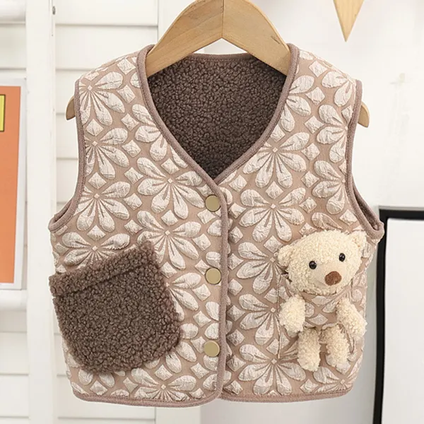 【12M-5Y】Kids Casual Bear Decoration Thick Lamb Hair Vest Jacket Only $6.99 - Popopieshop.com 
