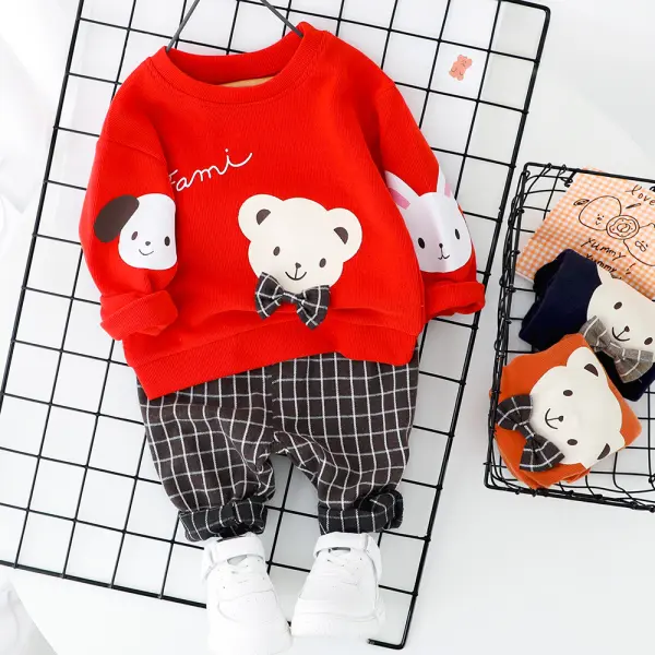 【6M-4Y】Boys Cartoon Print Bowknot Sweatshirt And Plaid Pants Set - Popopieshop.com 