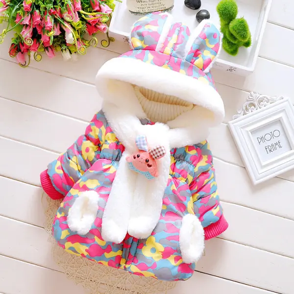 【6M-3Y】Girls Sweet Cute Rabbit Ears Hooded Cotton Jacket (Random Colors Of Accessories) - Popopiearab.com 