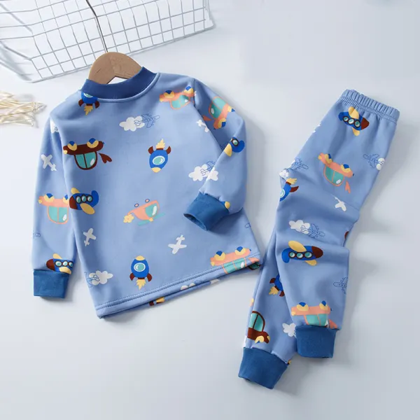 【2Y-13Y】Boys Cartoon Print Plus Velvet Warm Long-sleeved Pajamas Two-piece - Popopiearab.com 