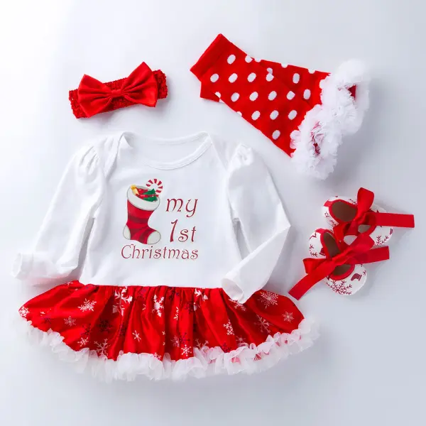 【0M-18M】Baby Girl 4-piece Christmas Romper Dress With Leggings, Shoes And Headband - Thefolls.com 