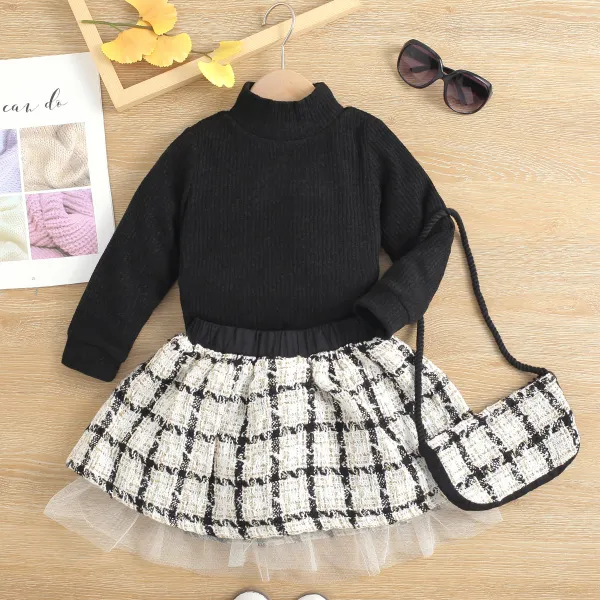 【18M-7Y】Girls Sweet High Neckline Top And Plaid Skirt Set With Bag Only $7.99 - Popopieshop.com 