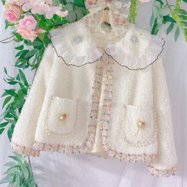 【18M-9Y】 Girl's Sweet Ruffled Collar Sherpa White Coat - Popopiearab.com 