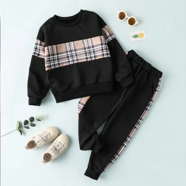 【4Y-15Y】Boys Stitching Plaid Round Neck Long Sleeve Sweatshirt And Pants Set - Popopieshop.com 