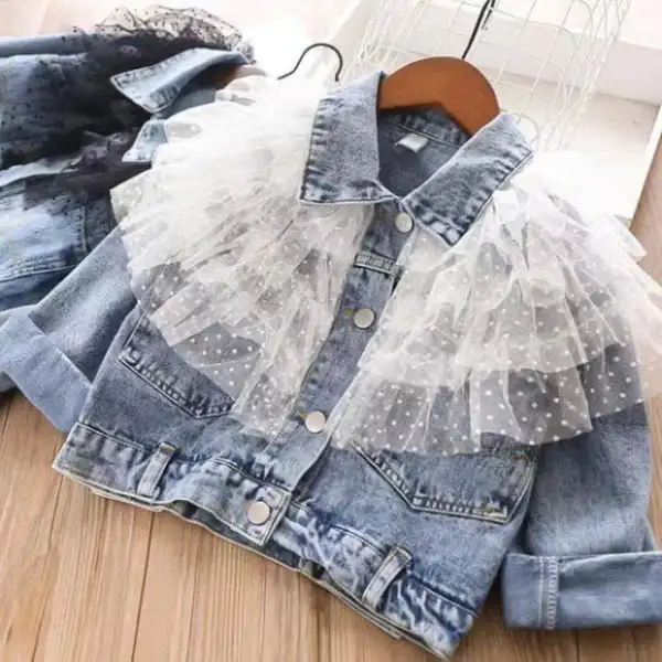 【2Y-11Y】Girls Stitching Mesh Denim Jacket - Popopiearab.com 