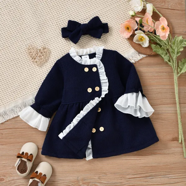 【3M-3Y】Baby Girls Contrast Color Ruffled Long-sleeved Dress With Headband - Popopieshop.com 