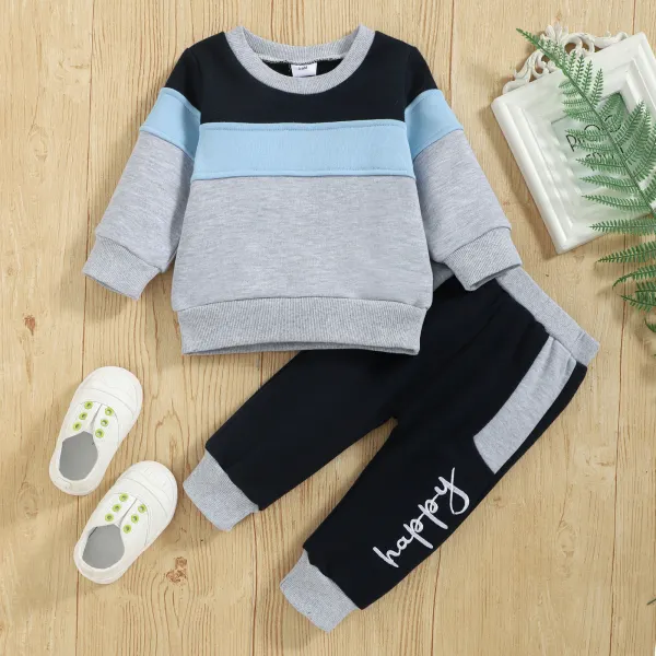 【3M-24M】Boys' Contrasting Color Stitching Long Sleeve Sweatshirt Pants Two-Piece Set - Popopiearab.com 
