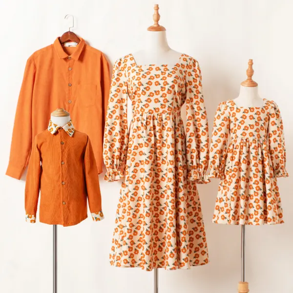 Casual Orange Corduroy Floral Long-sleeved Family Matching Outfits - Popopiearab.com 