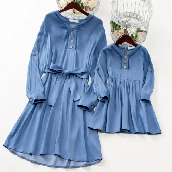 Sweet Blue Denim Long Sleeve Mom Girl Matching Dress - Popopiearab.com 