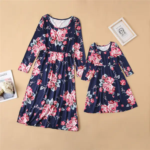 Sweet Flowers Long Sleeve Mom Girl Matching Dress - Popopiearab.com 