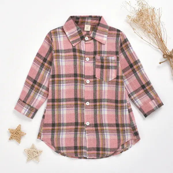 【12M-9Y】Girl Casual Lapel Plaid Long Sleeve Shirt - Popopiearab.com 