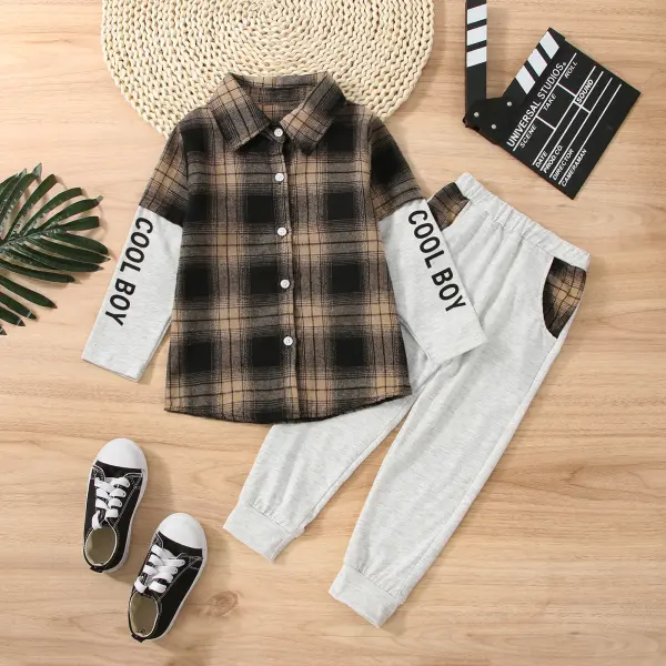 【3Y-9Y】Boy Plaid Splicing Fake Two Shirt And Pants Set - Popopiearab.com 