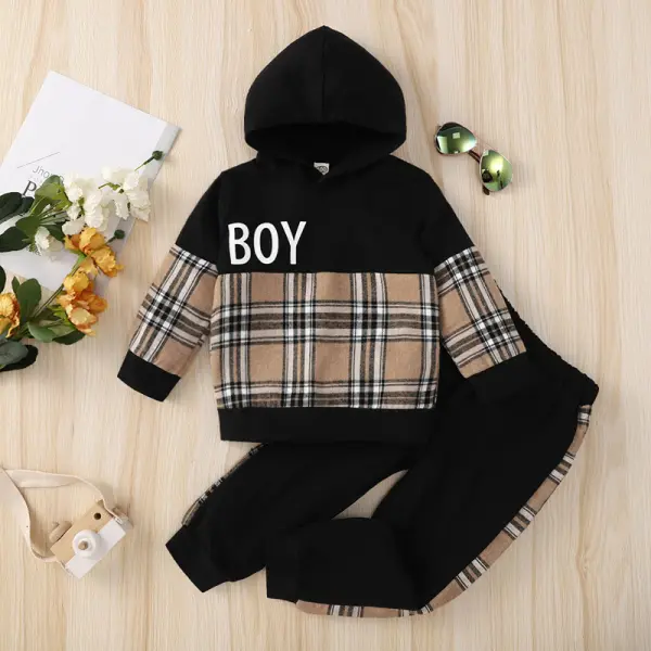 【18M-7Y】Boy 2-piece Letter Print Stitching Plaid Long Sleeve Sweatshirt And Pants Set - Popopiearab.com 