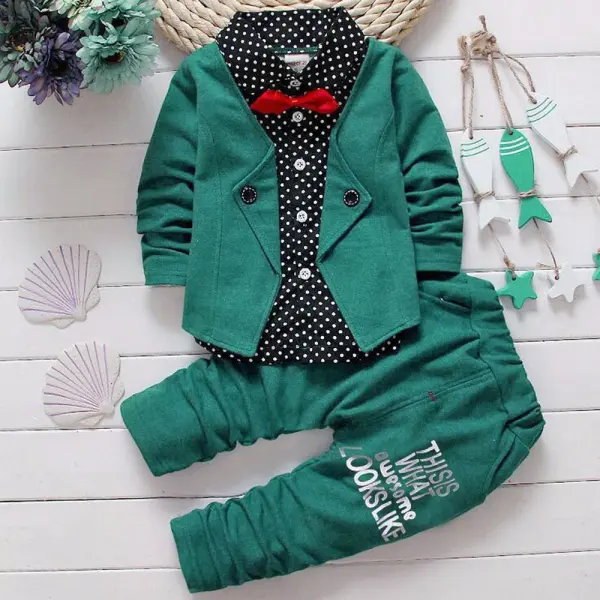 【12M-4Y】Boy Polka Dot Fake Two-piece Shirt And Pants Set - Popopiearab.com 