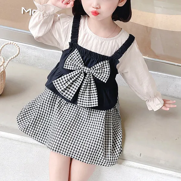 【18M-7Y】Girl 2-piece Sweet Bowknot Sling And Long Sleeve Dress Set - Popopiearab.com 