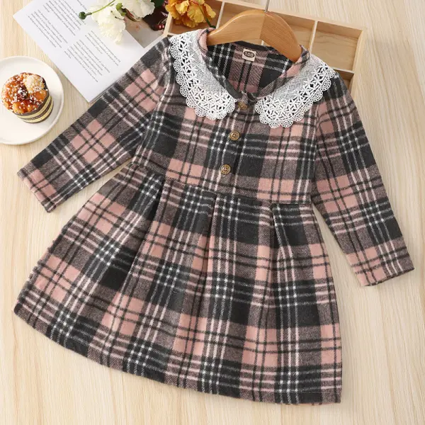 【18M-7Y】Girl Sweet Stitching Lace Plaid Dollar Collar Dress - Popopiearab.com 