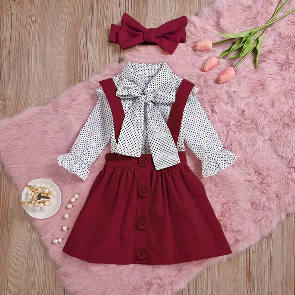 【3Y-11Y】Girls 3-piece Bow-knot Decorated Long-sleeved Shirt And Suspender Skirt With Headband Set - Popopieshop.com 