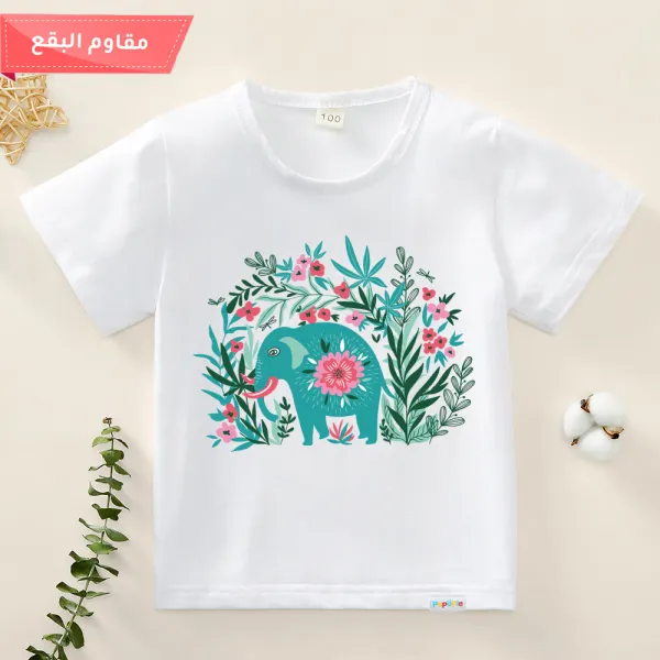 【12M-9Y】Girls Cotton Stain Resistant Elephant Pattern Short Sleeve Tee - Popopiearab.com 