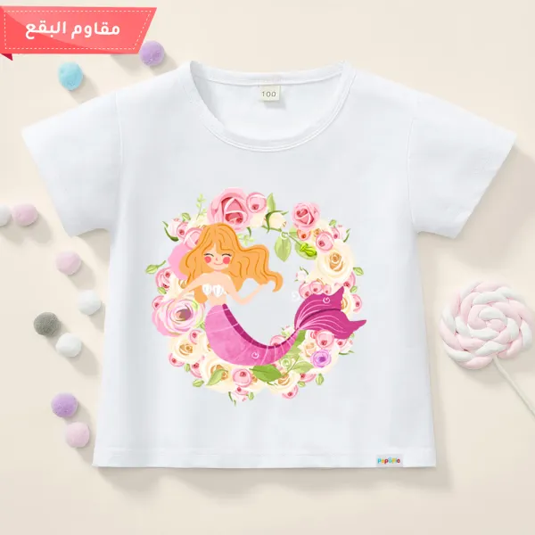 【12M-9Y】 Girls Cute Mermaid And Flower Print Cotton Stain Resistant Short Sleeve T-shirt - Popopiearab.com 