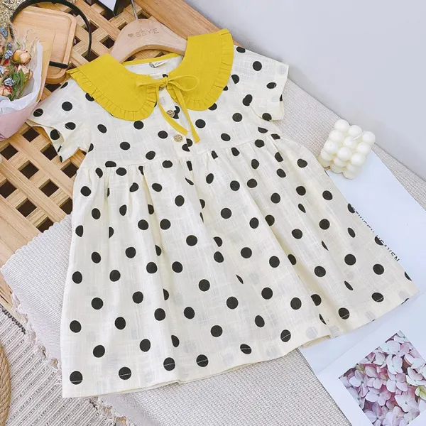 【18M-9Y】 Girl Cute Yellow Lapel Polka Dot Print Short Sleeve Dress - Popopiearab.com 