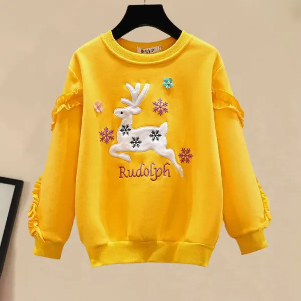 【3Y-13Y】Girls Sweet Letters And Deer Embroidered Ruffled Sweatshirt - Popopiearab.com 