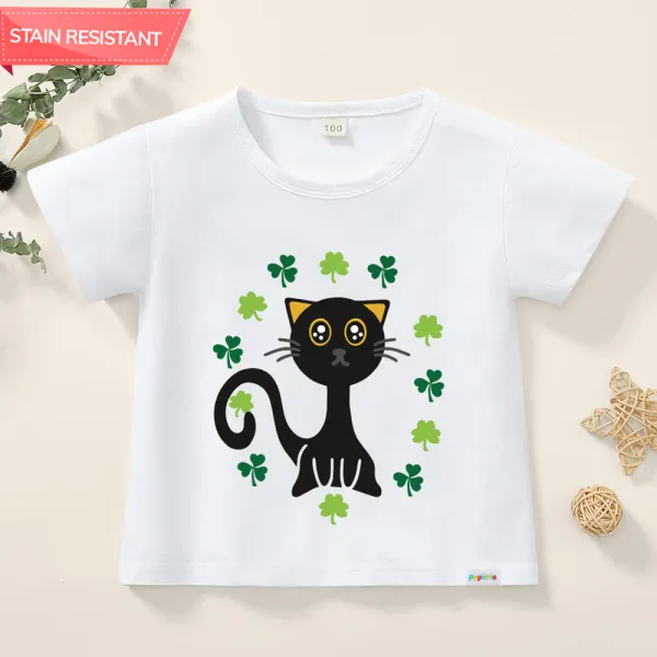 【12M-9Y】Kids Cute Cotton Stain Resistant Cat And Trefoil Print Short Sleeve Tee - Popopieshop.com 