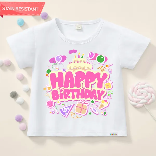 【12M-9Y】Girls Cotton Stain Resistant Happy Birthday Pattern Short Sleeve Tee - Popopieshop.com 